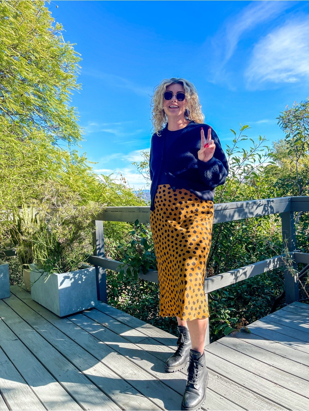 Madewell Mustard Yellow Midi Skirt with Black Spot Pattern